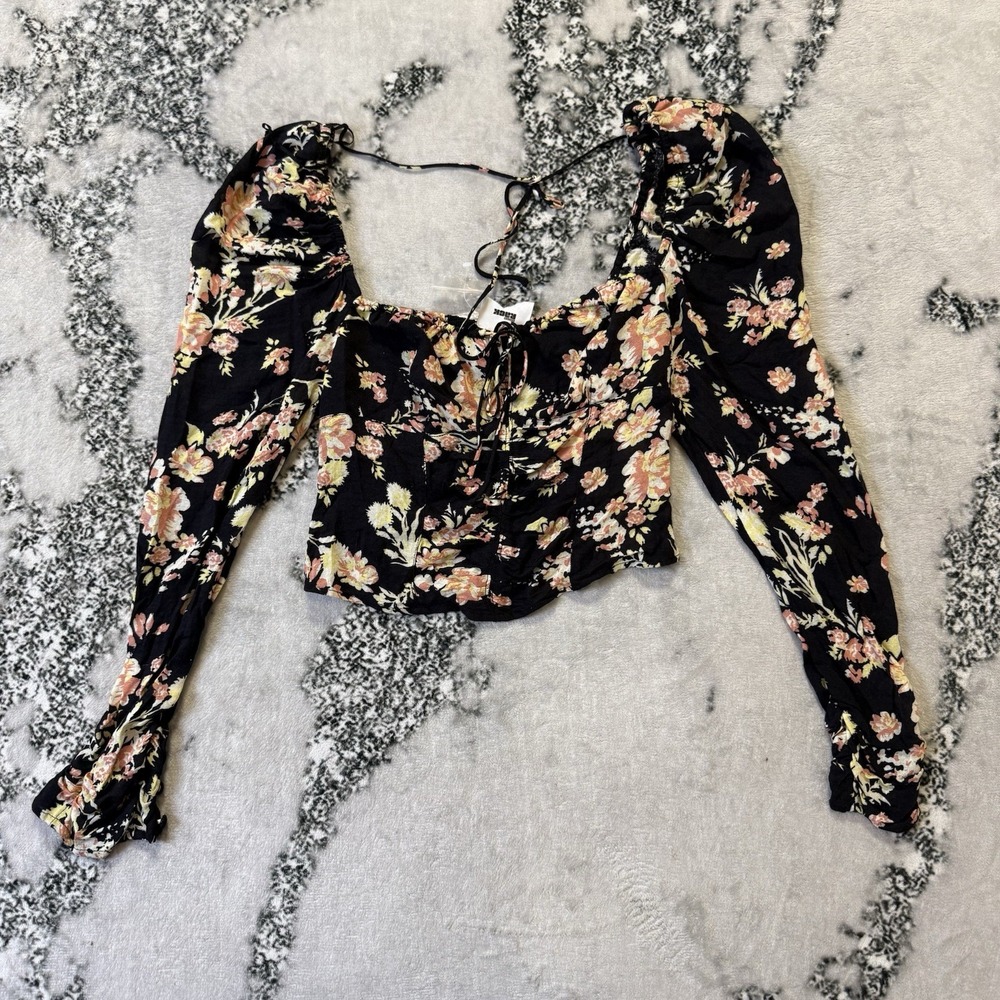 Free People Shirt Womens Size XS Black Multi Floral Print Cropped Long Sleeve